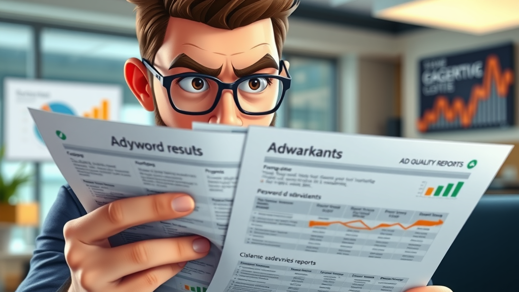 Marketer reviewing keyword lists, ad quality reports, and quality score trends for cost per click analysis