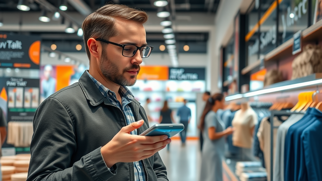 Customer uses a smart voice device for product information in a retail store, showcasing ai voice agents for business industry trends in action