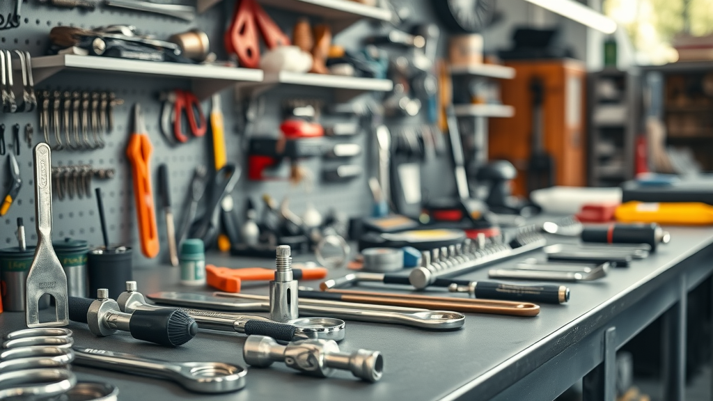 well-organized workbench showing essential auto body repair tools, modern garage, metallic hues, sharp focus
