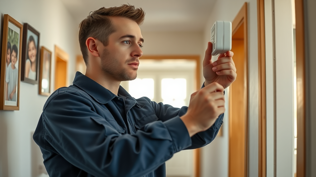 Electrician professionally installing fire alarm in home hallway for safety.