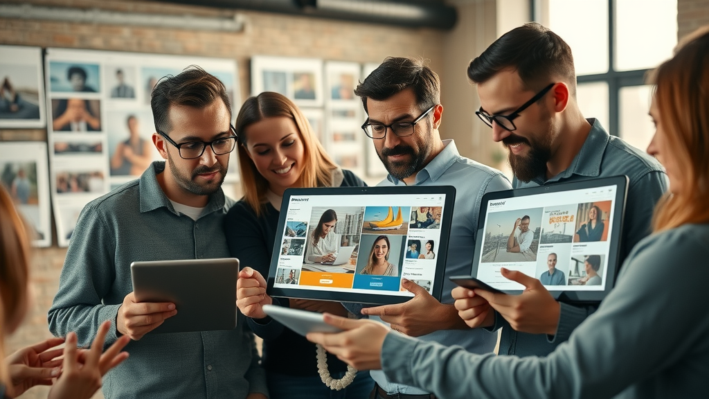 creative team collaborating on digital display ad mockups, imagery, call to action