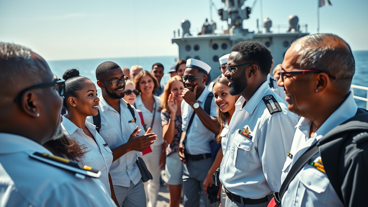Enthusiastic tour group aboard USS Edson naval ship museum deck with knowledgeable docent, authentic ship details and open sea view