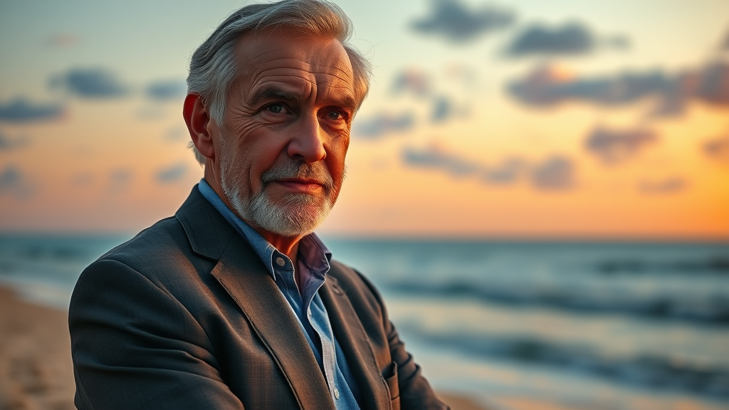 Thoughtful business coach visualizing future self at 90 years old on serene beach