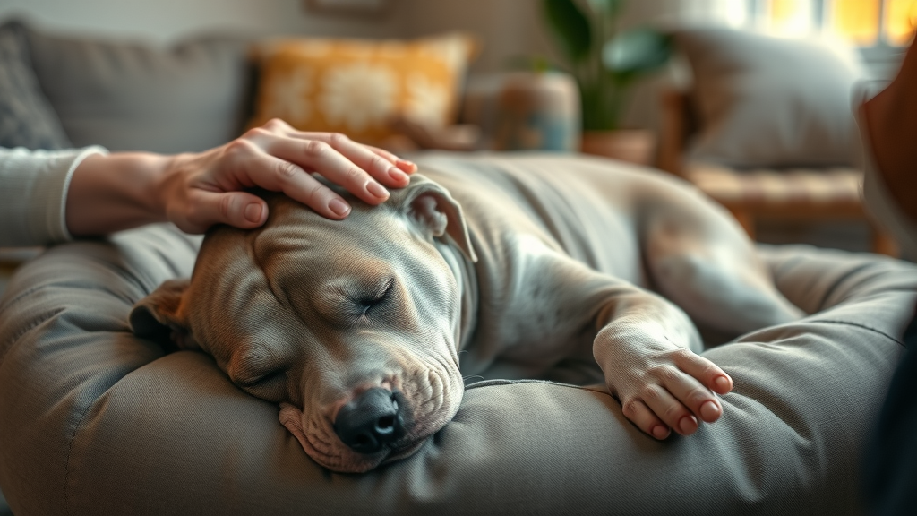 gentle, elderly pit bull lying comfortably on a soft pet bed, peaceful expression, being petted by a loving senior owner, photorealistic high fidelity lifelike, cozy living room with warm light and soft furnishings, highly detailed, dog