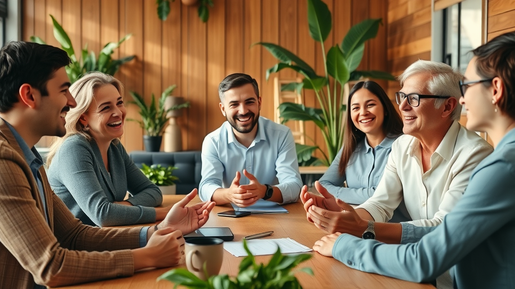 Optimistic collaborative discussion among diverse Australian managers brainstorming neurodiversity support strategies, showing empathy and dynamic teamwork.