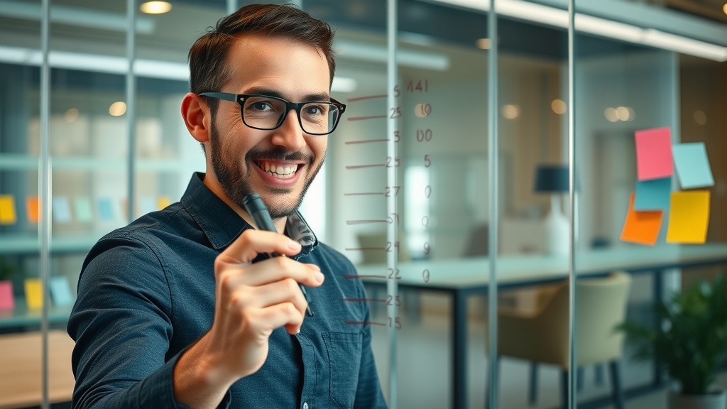 Motivated coaching professional outlining goals on a transparent glass board for profit acceleration coaching