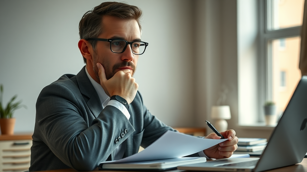 how to make a career transition: thoughtful professional at desk, career assessment, switching careers