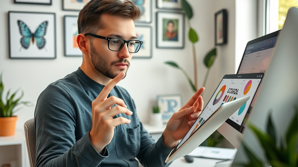 creative designer analyzing brand logo and color palette for visual brand identity