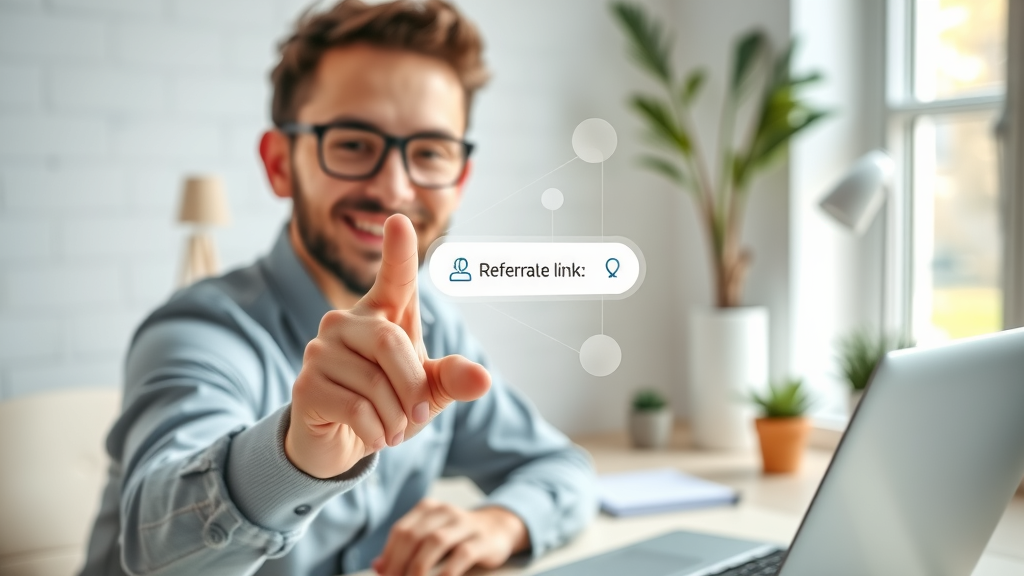 referral link dashboard happy customer sharing digital referral code bright home workspace