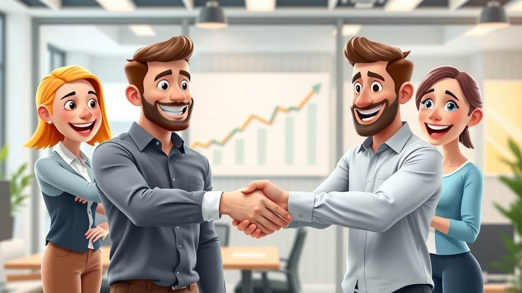 happy entrepreneurs giving testimonials after engaging a fractional chief marketing officer, cheerful scene with success graphs in background