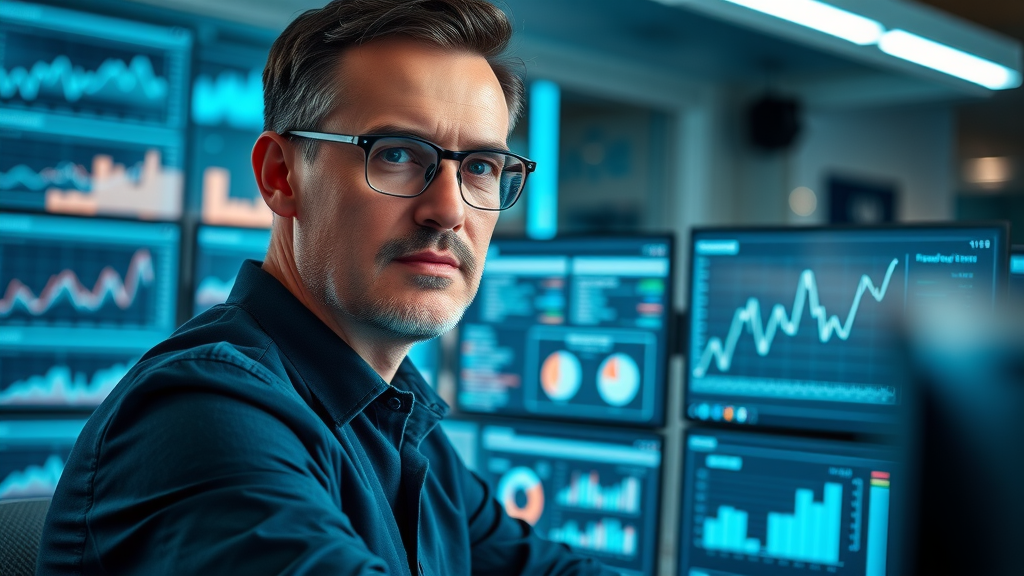 Analyst measuring ROI of digital marketing services with data dashboards and digital metrics on monitors