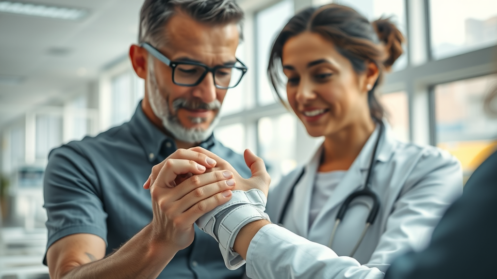 Orthopedic specialist gently treating hand pain in modern clinic