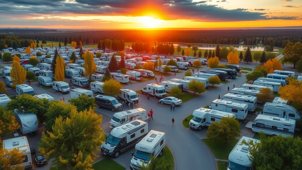 Inspiring aerial view of a thriving RV park showcasing high occupancy and vibrant community life.