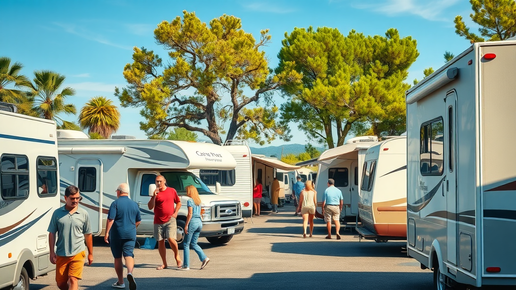 Modern RV park bustling with campers checking in