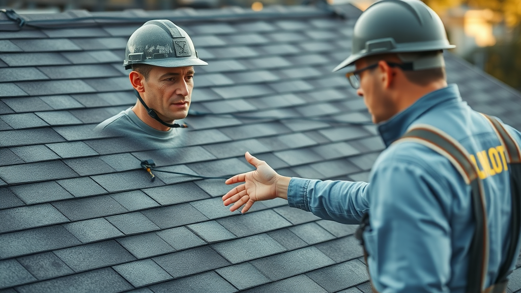 roofing crew fixing badly installed shingles during roof installation inspection