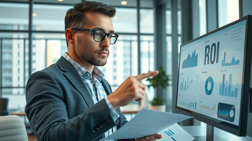 Marketing professional analyzing promotional product ROI data, representing key concepts of promotional products guide