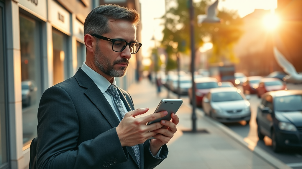 real estate agent scanning local news on city street at sunrise, high detail