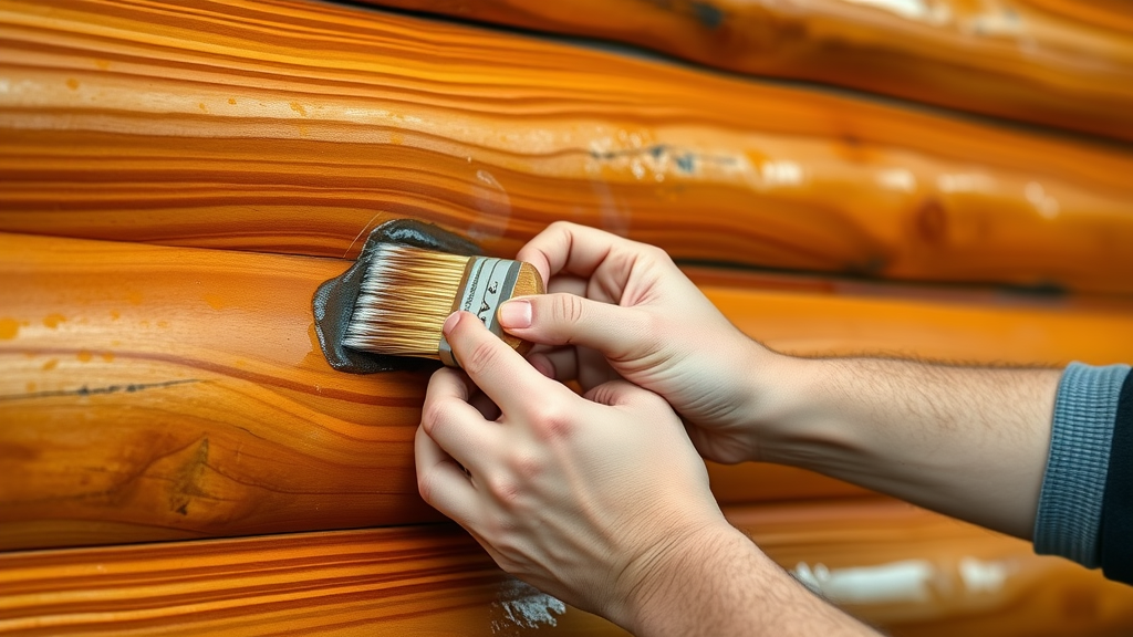 Hands applying protective sealant to log home exterior, detailed wood texture, macro lens, log home sealing tips