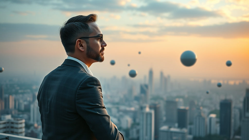 Thoughtful entrepreneur assessing long-term strategic growth in building visibility in AI marketplace