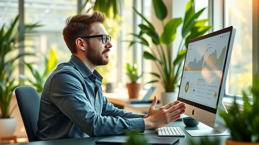 Modern landscaping business owner reviewing blog analytics for fencing or landscaping business in 2025