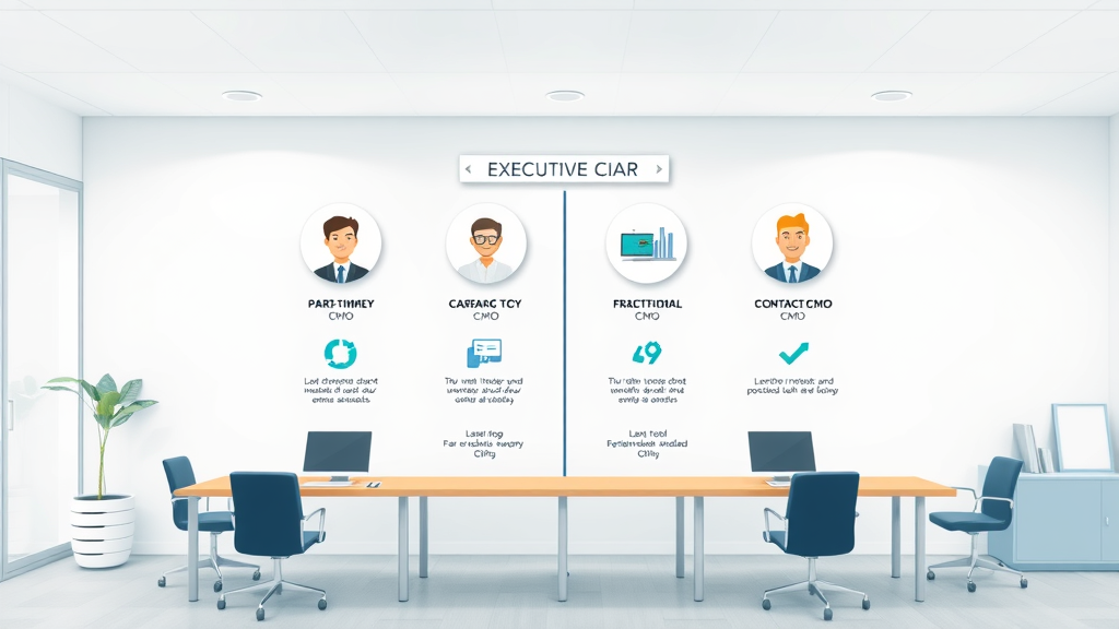Comparison chart of part-time, fractional, and contract CMOs in marketing office
