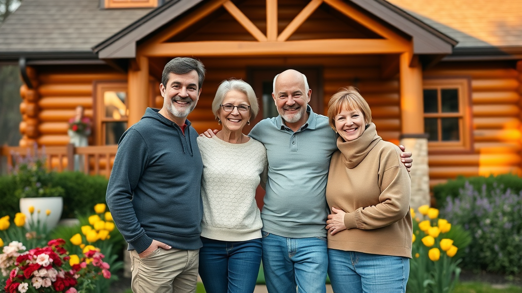 Happy family in front of well-maintained log home, proud, smiling, flowers and vibrant wood, home exterior care, 85mm lens