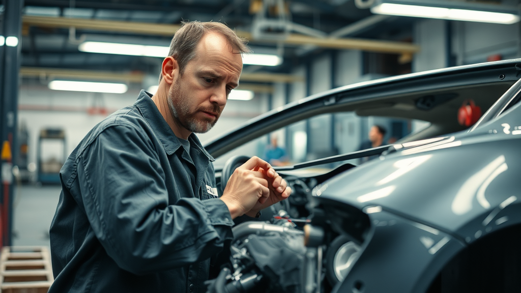 car frame straightening mechanic inspecting damaged car frame in auto body shop