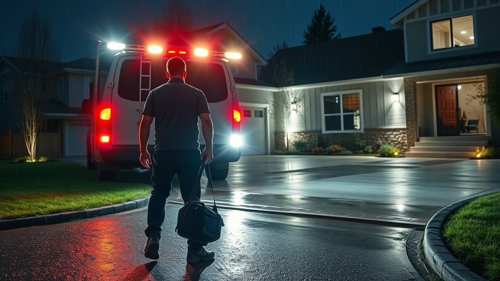 Emergency plumber responding to night plumbing call at suburban home.