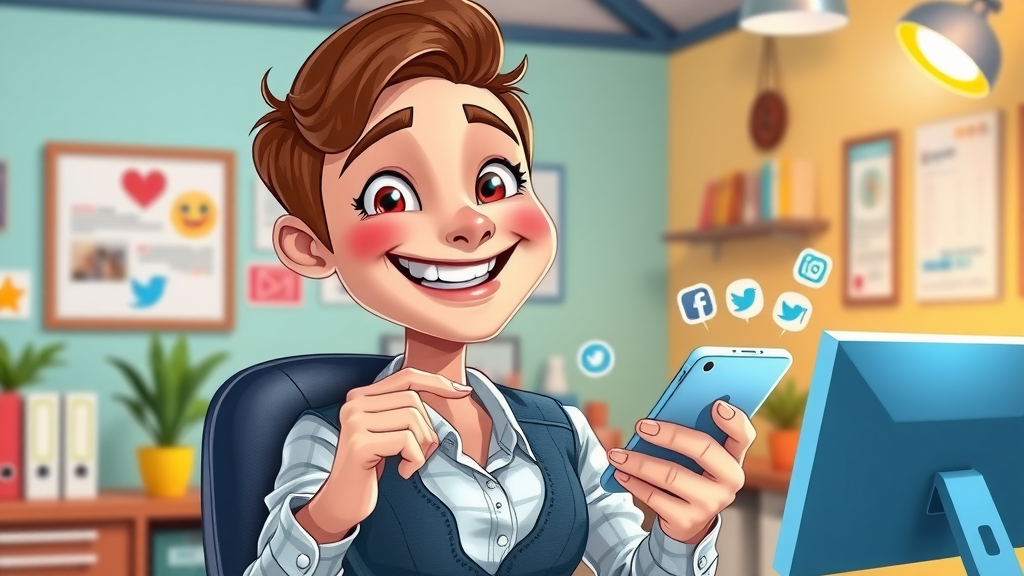 A smiling small business owner enthusiastically scheduling social media posts to build brand awareness using affordable brand equity tactics.