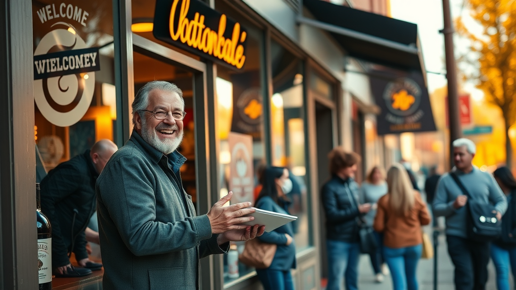 successful small business owner greets customers in lively Minneapolis storefront, small business growth on main street