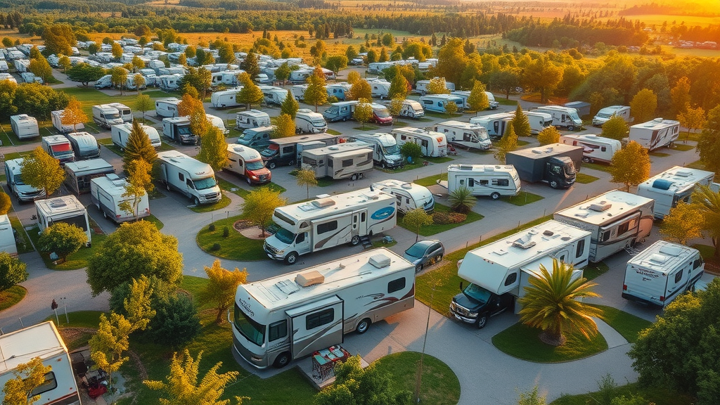 Aerial view of vibrant RV park showcasing the emerging RV park industry trends with families enjoying outdoor activities