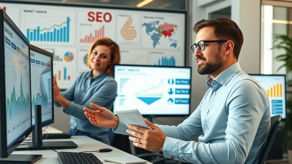SEO and content marketing services team in business office reviewing analytics and SEO diagrams