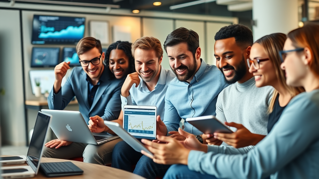 group of business owners analyzing free website traffic data in modern office