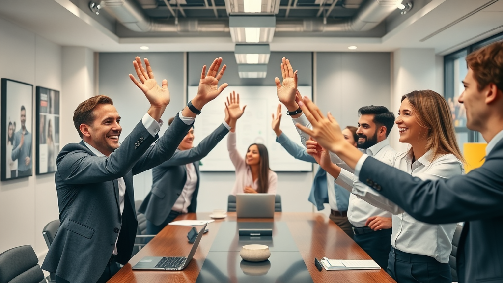 Corporate team celebrating a successful rebrand, corporate branding examples