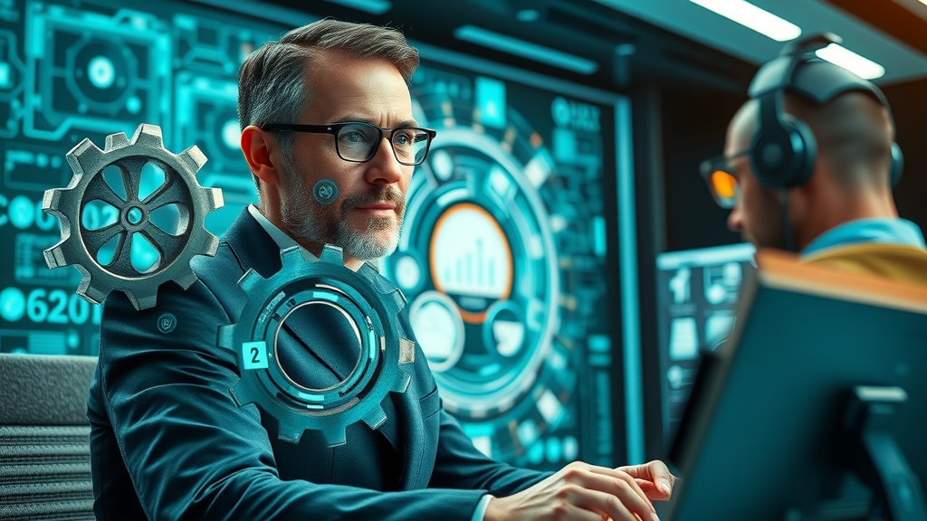 Powerful media visibility engine with gears made of media icons, AI integration, monitored by confident business leader in futuristic command center