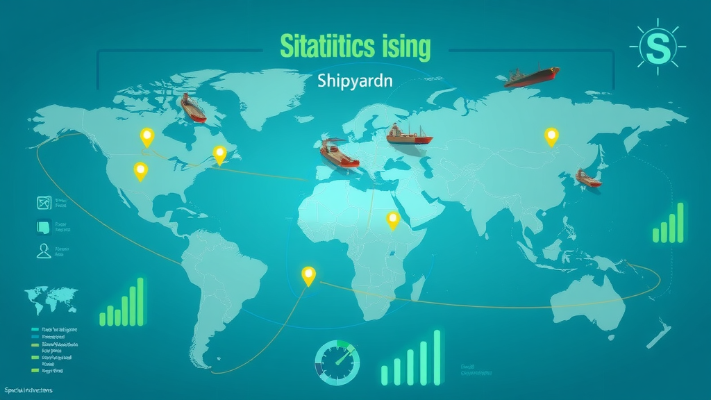 sophisticated world map infographic showing digital shipyard growth and statistics by region