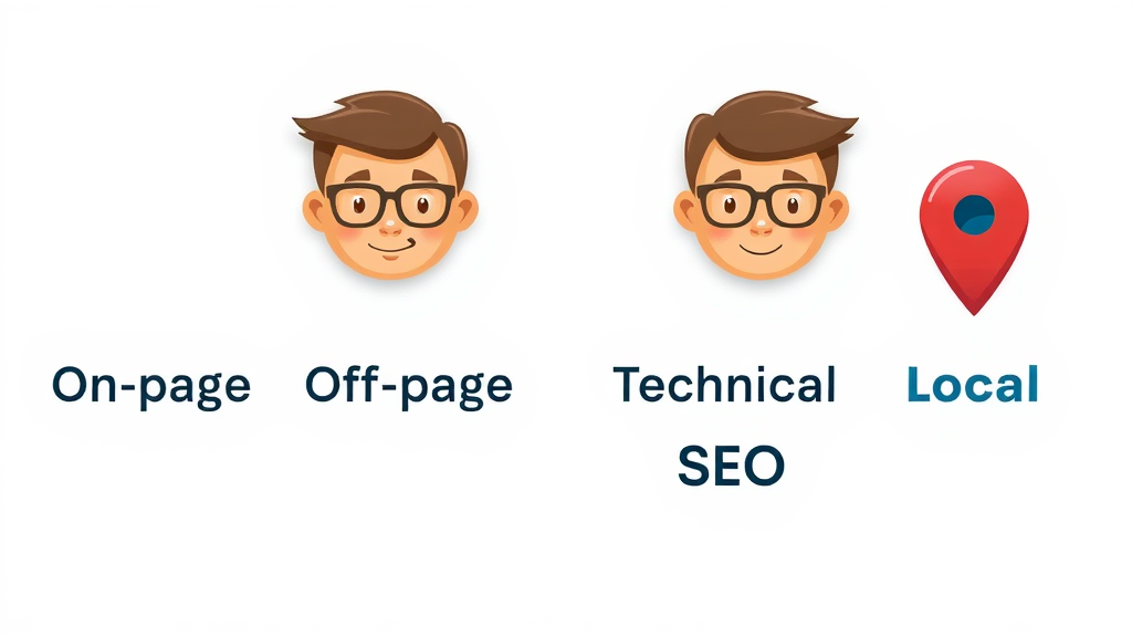 icons representing on-page, off-page, technical, and local SEO for search engine optimization