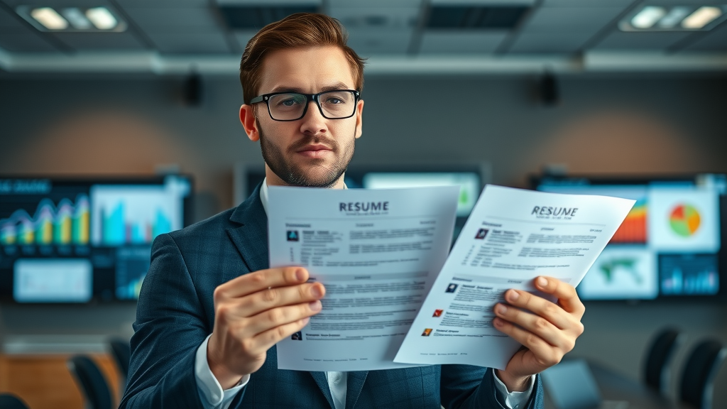 Confident marketing executive comparing resumes, illustrating choice between fractional cmo service models and full-time, bright corporate boardroom