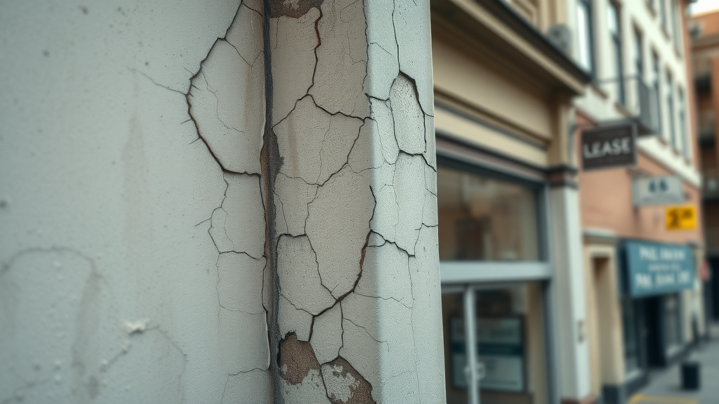 Distressed real estate property with cracks, peeling paint, and for-lease signs indicating risk