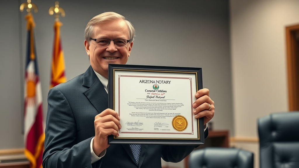 proud arizona notary public holding commission certificate with gold seal in Arizona government office