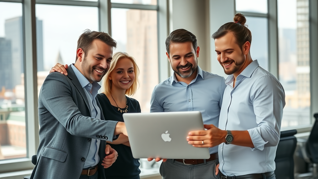Confident team of SEO experts in Ohio office, strategic planning for small business success.