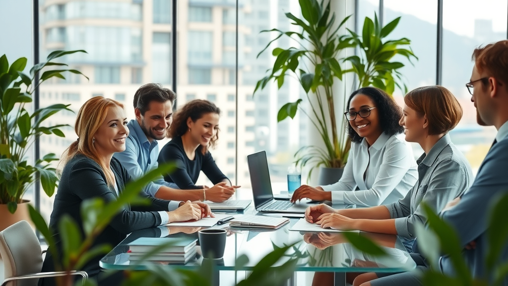 Uplifting modern Australian corporate office with diverse group of professionals, some displaying subtle characteristics of neurodiversity, collaborating at a shared worktable, featuring the Sydney skyline and lush workspace.