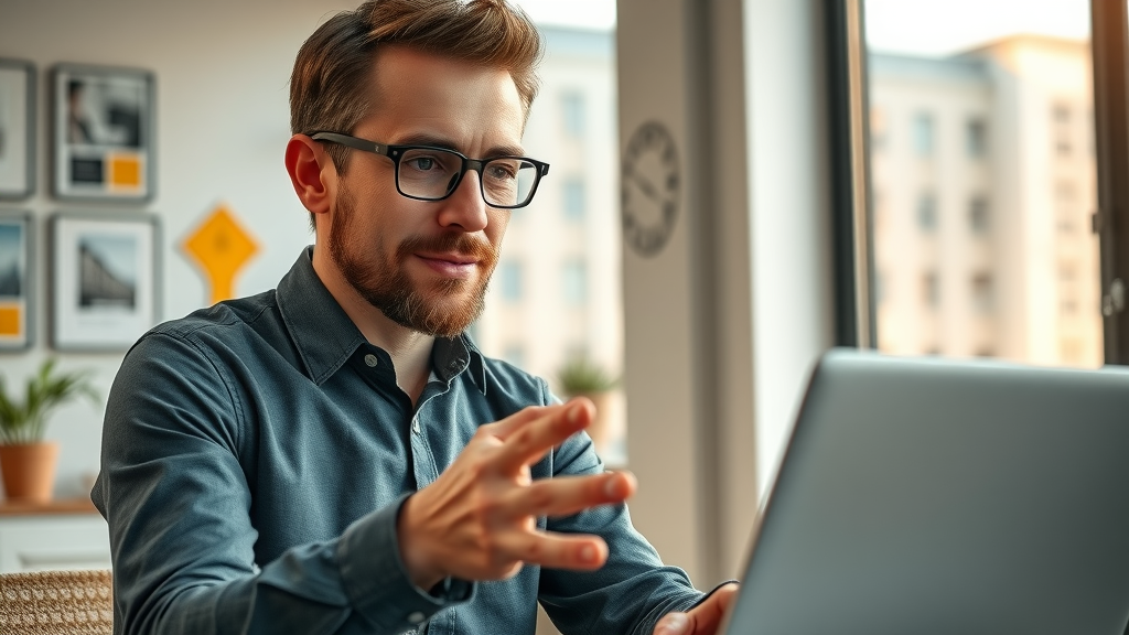 SEO expert explains long-tail keyword strategy to local contractor using laptop