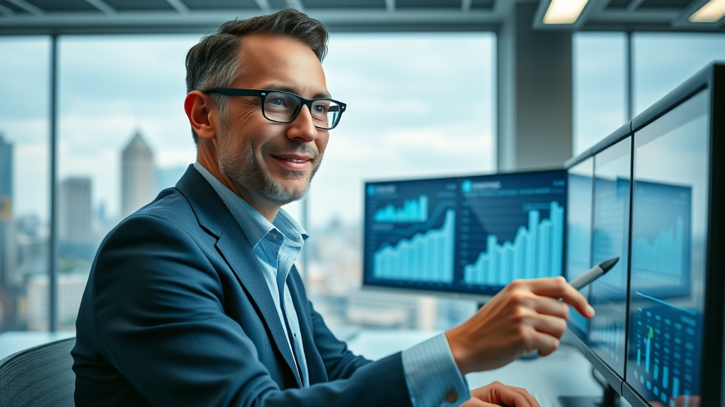 Business owner checking marketing with stories success on analytics dashboard, Phoenix skyline in background.