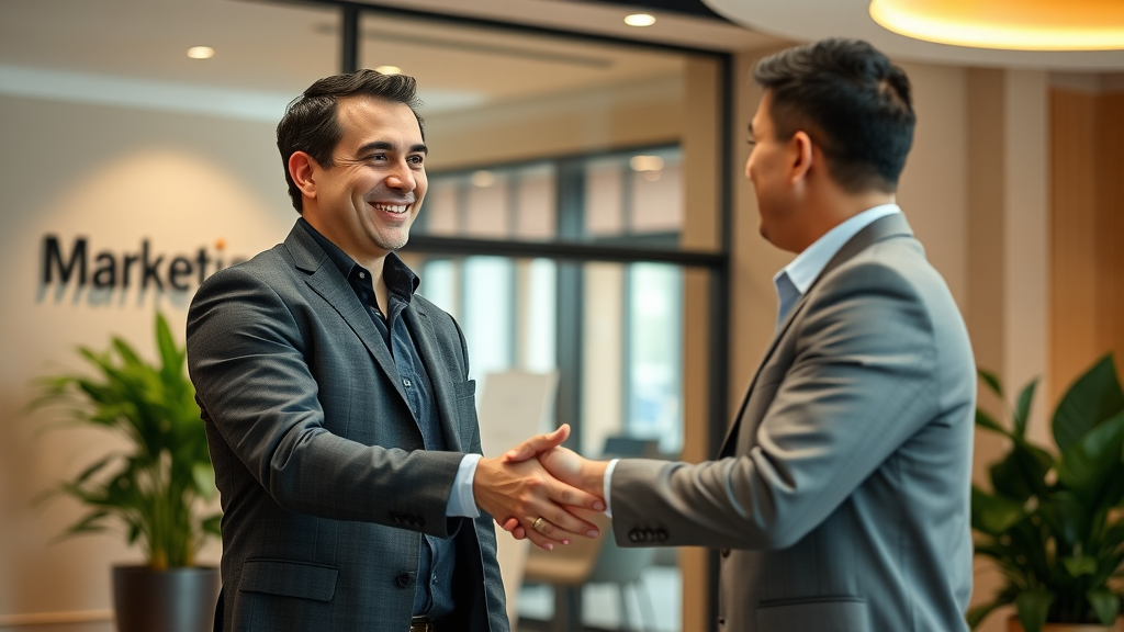 outsourced marketing leadership - welcoming outsourced marketing director shaking hands with CEO during onboarding