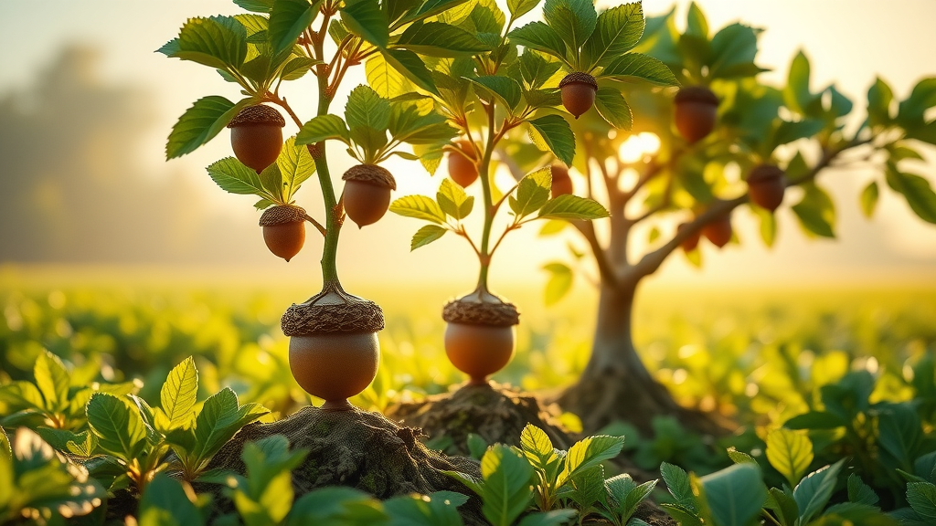 motivational illustration, acorns into money trees, upward financial growth