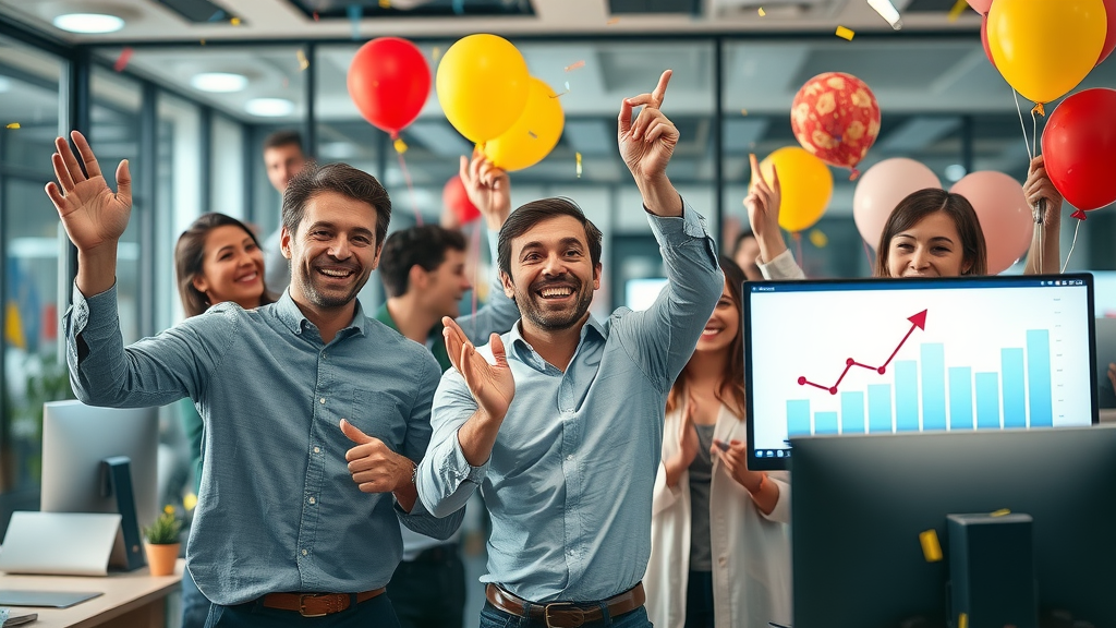 outsourced marketing leadership - successful marketing team celebrating business growth with digital analytics on display