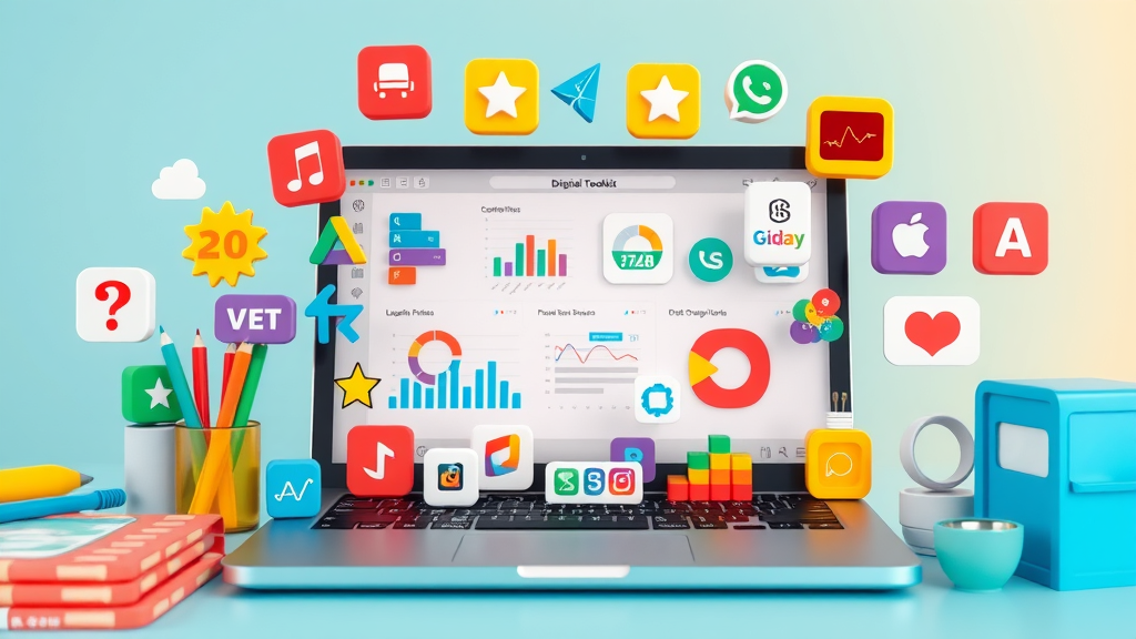 Media campaign measurement tools - app icons and metrics on digital workspace