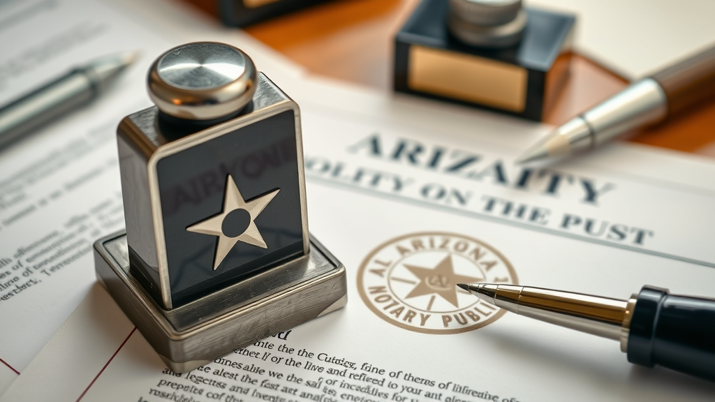 detailed arizona notary stamp and notary seal on legal document with notary desk and supplies in background