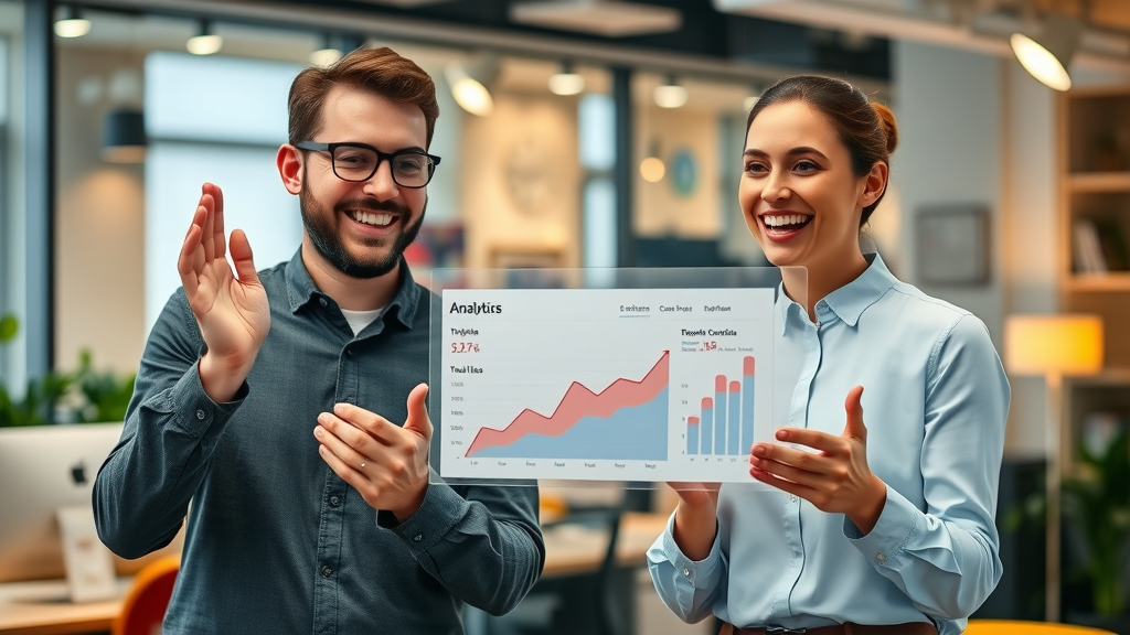 Clients celebrating success from SEO and content marketing services in office with analytics dashboard